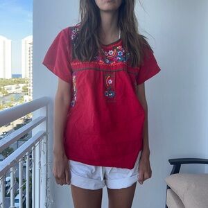 Floral Embroidered Red Blouse